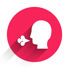 White Man coughing icon isolated with long shadow. Viral infection, influenza, flu, cold symptom. Tuberculosis, mumps, whooping cough. Red circle button. Vector Illustration.