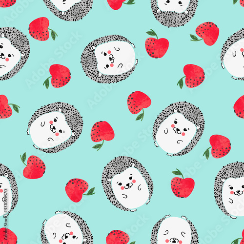 Tela Seamless vector childish pattern with cute watercolor hedgehogs and apples
