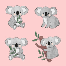 Cute Cartoon Koala Bears Set. Vector Watercolor Illustration For Kids.