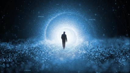 Man walks through digital futuristic 3d spiral tunnel.