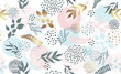 Seamless exotic pattern with tropical plants and gold elements