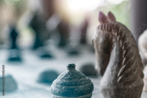 Fotografía Boackground of wooden Thai chess game hourse, king, queen, pawn on game board for strategy concept