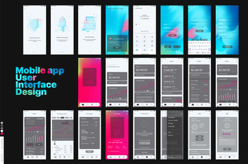 Wall Mural - mobile app design, ui, ux. a set of graphic screens with the login and password, home page, exchange
