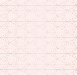 Rose gold pattern. Vector golden geometric seamless texture with thin lines, subtle grid, net, diamonds, rhombuses, triangles. Abstract light pink metallic graphic background. Art deco. Repeat design