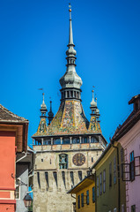 Wall Mural - Famous Clock Tower in historic part of Sighisoara city located in Mures County of Romania