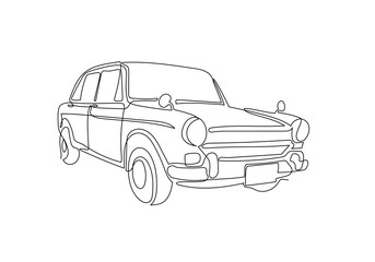 One single continuous line drawing of old vintage car, line draw