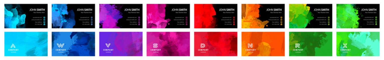 Wall Mural - Big set of bright colorful business card template with vector watercolor black background	
