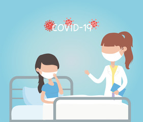 virus covid 19 quarantine, female doctor and sick woman in bed clinic vector illustration