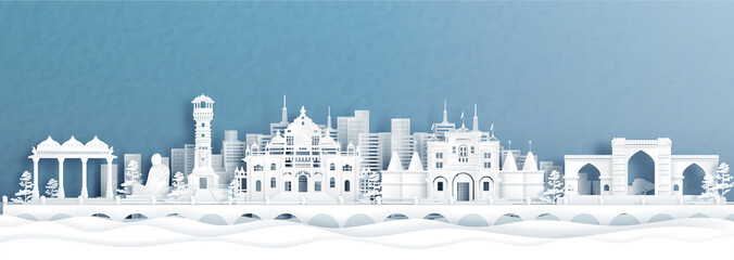 Fototapete - Panorama view of Ahmedabad skyline with India famous landmarks in paper cut style vector illustration.