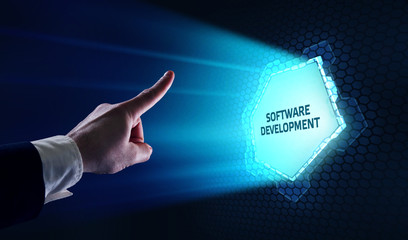 inscription software development on the virtual display. business, modern technology, internet and n