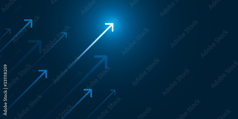 Up light arrow on dark blue background with copy space, business growth concept. - obrazy, fototapety, plakaty 
