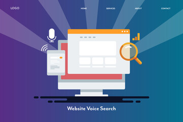 Website voice search, voice search technology, mobile, microphone, computer internet concept. Flat design web banner template.