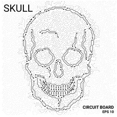 Wall Mural - Circuit Board in the shape of a skull. Microchip skull background. High- tech vector illustration of a skull made of microchips. Electronic Board on a white background.