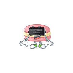 Sticker - An icon of strawberry macarons character using Virtual reality headset