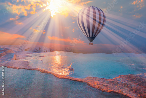 Fotomural Hot air balloon flying over spectacular pamukkale - Natural travertine pools and terraces in Pamukkale