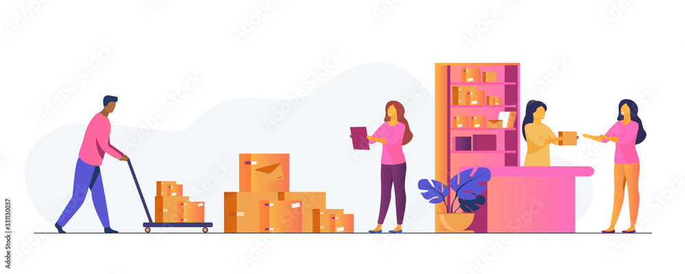 Postman giving parcel to customer in post office. Courier removing boxes from handcart. Vector illustration for shipping, delivery, logistic service concept - obrazy, fototapety, plakaty 