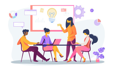 Wall Mural - business team discussing ideas for startup. leader speaking at board with notes and lightbulb flat v
