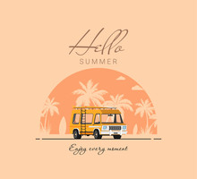 Summer Holidays Vector Illustration,flat Design Beach With Car And Surf