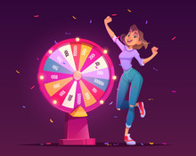 Wheel Of Fortune And Lucky Girl Winner. Roulette Of Luck With Arrow On Jackpot In Casino. Vector Cartoon Illustration Of Gambling Game With Money Prize And Winning Woman