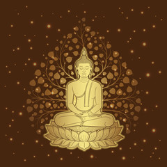 Wall Mural - thai art temple and buddha on lotus background pattern decoration for flyers, poster, web, banner, sticker and card vector illustration