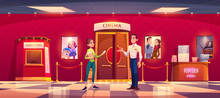 Woman Visit Cinema Give Ticket To Man Controller Front Of Hall Entrance. Young Girl With Popcorn Stand In Movie Theater Lobby With Cashbox, Film Posters And Red Rope Fence, Cartoon Vector Illustration