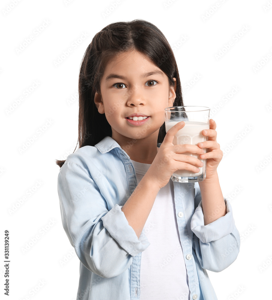 Cute Asian girl with milk on white background