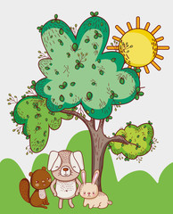 Sticker - cute animals, squirrel rabbit and grass tree sun cartoon