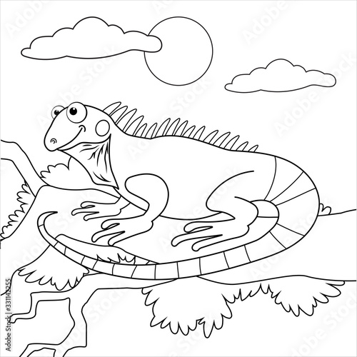 Coloring Page Outline Of Cartoon Iguana On Branch Page For Coloring Book Of Funny Lizard For Kids Activity Colorless Picture About Cute Animals Anti Stress Page For Child Black And White Vector Stock