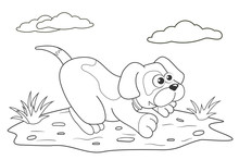 Coloring Page Outline Of Cartoon Dog. Page For Coloring Book Of Funny Puppy For Kids. Activity Colorless Picture About Cute Animals. Anti-stress Page For Child. Black And White Vector Illustration.