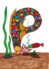 Color drawing on a marine theme, fish and algae, pond, summer, made with markers, fish in the shape of the letter P