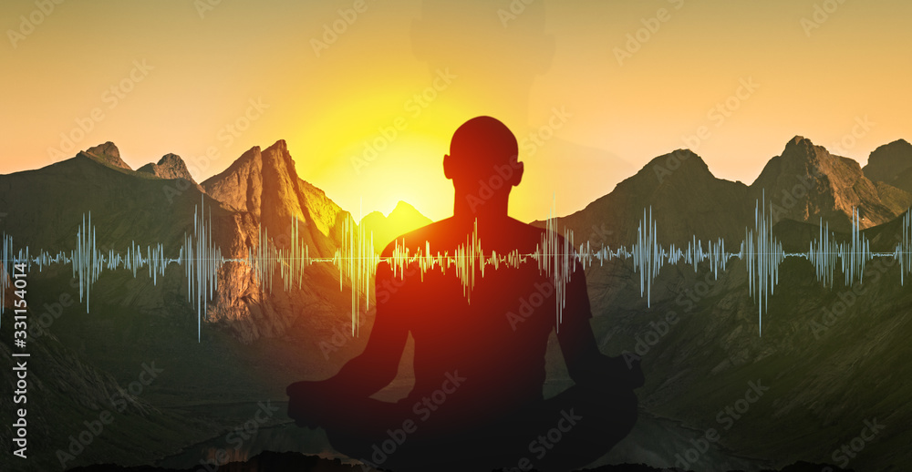 Yoga meditation illustration, silhouette of man practicing in mountains at sunset - obrazy, fototapety, plakaty 