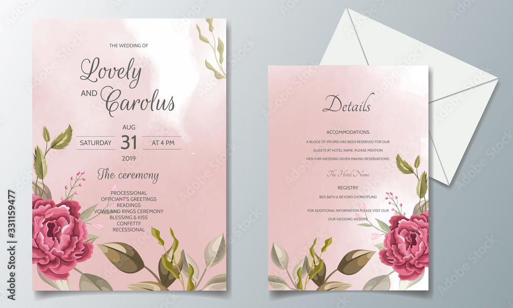 Beautiful and elegant wedding invitation card template set with floral frame - obrazy, fototapety, plakaty 