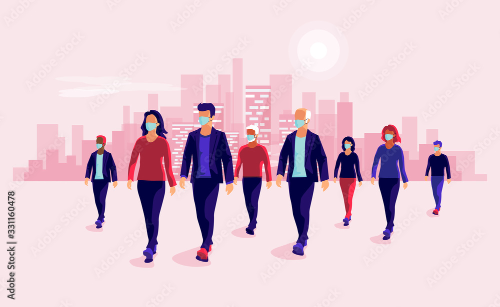 Group of people wearing protection medical face mask to protect and prevent virus, disease, flu, air pollution, contamination. Old man woman walking. Vector illustration with urban city skyline. - obrazy, fototapety, plakaty 