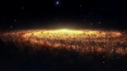 Wall Mural - orange spiral galaxy rotating in the universe, animated panorama of the milky way