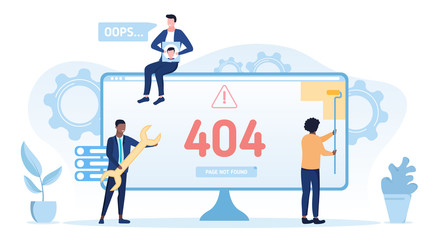 Wall Mural - computer technicians repairing a 404 not found online error concept with a businessman holding a spa