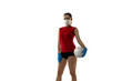 © master1305 - Win the desease. Volleyball player in protective mask and gloves. Prevention against pneumonia. Still active while quarantine. Chinese coronavirus treatment. Healthcare, medicine, sport concept.