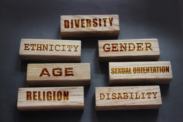 diversity ethnicity gender age sexual orientation religion disability words written on wooden block.