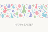 Fototapeta Pokój dzieciecy - Cute bunnies, eggs and flowers on background with Happy Easter wishes. Vector