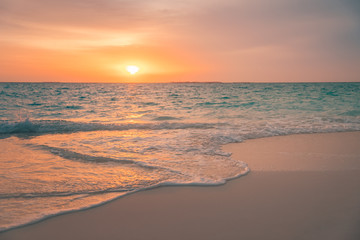 Canvas Print - Sea sand sky concept, sunset colors clouds, horizon, horizontal background banner. Inspirational nature landscape, beautiful colors, wonderful scenery of tropical beach. Beach sunset, summer vacation