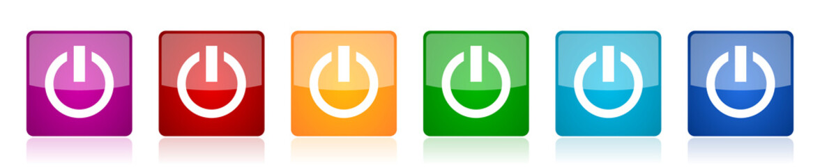 Leinwandbilder - Power icon set, colorful square glossy vector illustrations in 6 options for web design and mobile applications