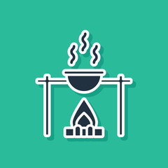 Sticker - Blue Campfire and pot icon isolated on green background. Fire camping cooking in cauldron on firewood and flame. Vector Illustration