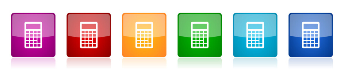Leinwandbilder - Calculator icon set, colorful square glossy vector illustrations in 6 options for web design and mobile applications