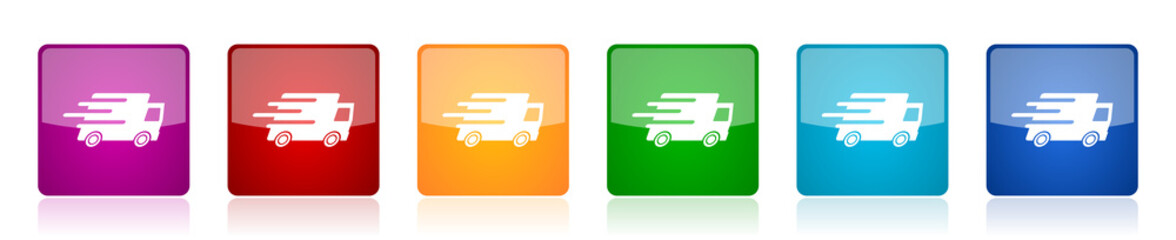 Aufkleber - Speed transport icon set, fast delivery, truck colorful square glossy vector illustrations in 6 options for web design and mobile applications