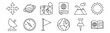 set of 12 geography icons. outline thin line icons such as book, location, compass, mountain, map, planet