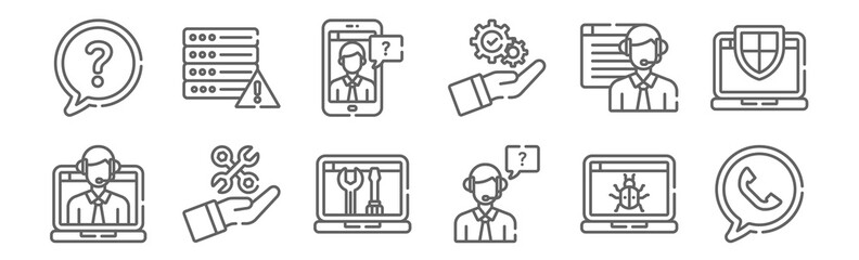 set of 12 tech support icons. outline thin line icons such as phone, customer support, settings, online support, smartphone, server