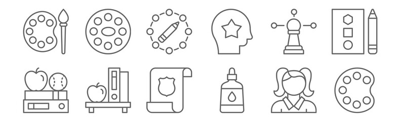 Wall Mural - set of 12 education icons. outline thin line icons such as paint palette, glue, bookshelf, pawn, wri