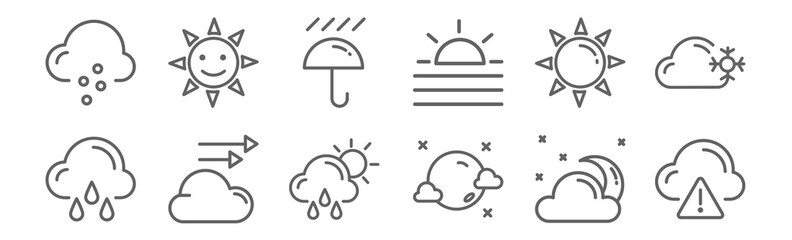 Wall Mural - set of 12 weather icons. outline thin line icons such as cloud, full moon, cloud, sun, umbrella, sun