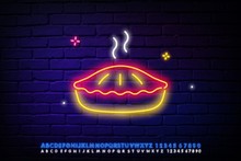 Hot Pie Neon Sign. Thanksgiving Day And Advertisement Design. Night Bright Neon Sign, Colorful Billboard, Light Banner. Vector Illustration In Neon Style.