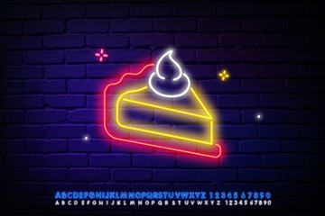 Wall Mural - Hot pie neon sign. Thanksgiving Day and advertisement design. Night bright neon sign, colorful billboard, light banner. Vector illustration in neon style.