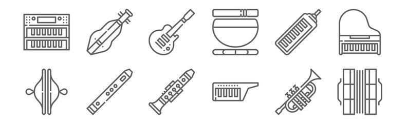 set of 12 music instruments icons. outline thin line icons such as concertina, keytar, flute, melodica, electric guitar, dulcimer